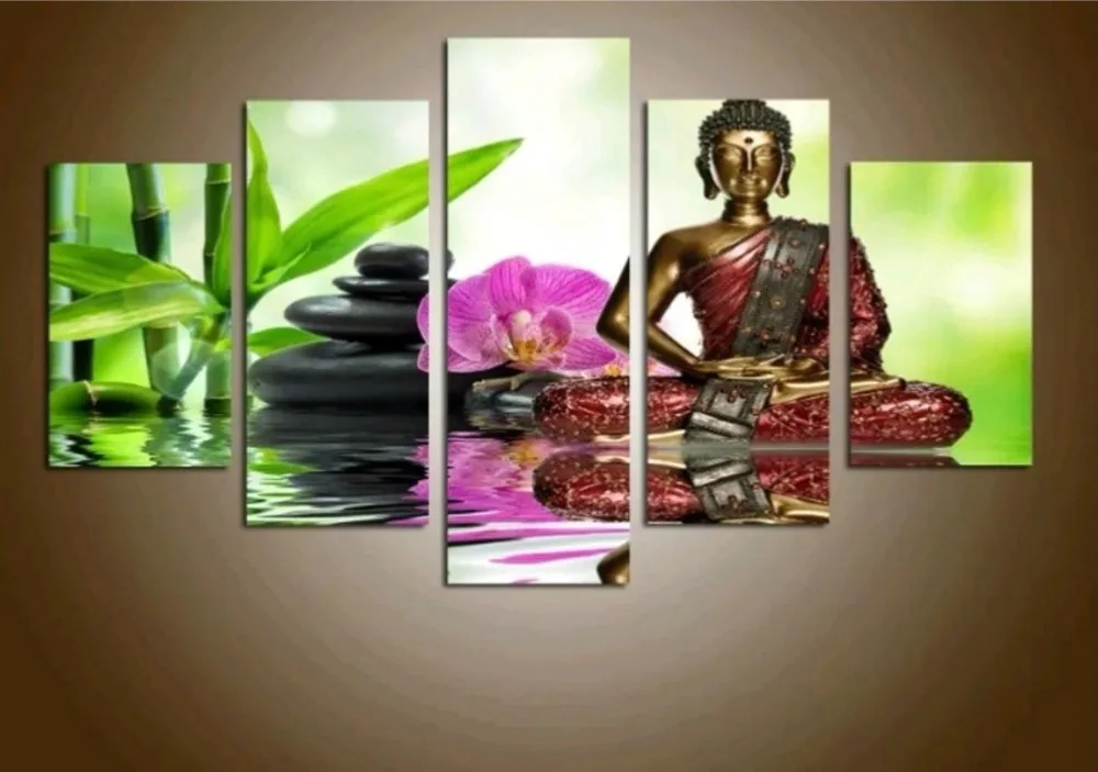 

Modern Living Room Decorative Artwork 5 Panel Buddha Orchid Flowers Wall Art Poster Modular Picture Canvas Painting(No Frame)