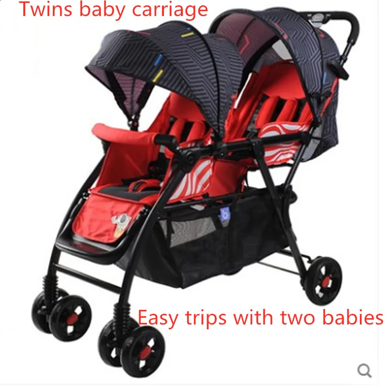 Twin baby trolley can be used as a reclining, foldable, portable two-fetus trolley and a double-handed trolley.