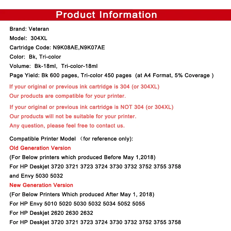 Ветеран заправленный чернильный картридж 304XL для hp 304 xl deskjet 2620 2630 3720 3721 3730 3758 envy 5032