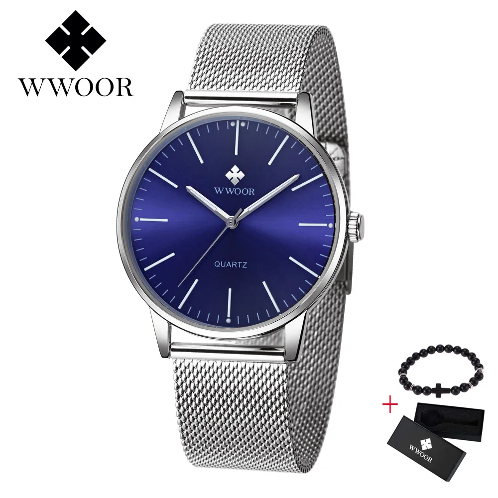 Silver blue WWOOR Топ Бренд роскошные мужские s часы для мужчин бизнес Кварцевые ультратонкие часы с циферблатом для мужчин спортивные водонепроницаемые золотые часы Relogio Masculino - Цвет: Silver blue
