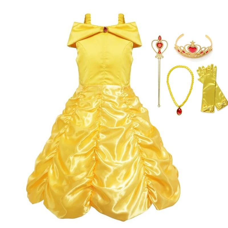 Dress with Necklace VOGUEON/нарядная одежда принцессы Белль для девочек Нарядный костюм без рукавов, Красавица и Чудовище детское бальное платье на день рождения - Цвет: Dress with Necklace