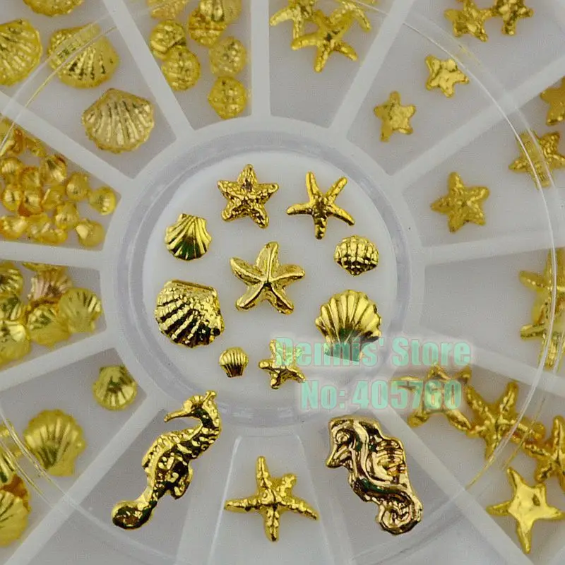 

Hot Sale 1Wheel/lot Gold Mixed Shell Starfish Hippocampus Ocean Life Shape Alloy Nail Art Gems Decoration Wheel DIY Tips