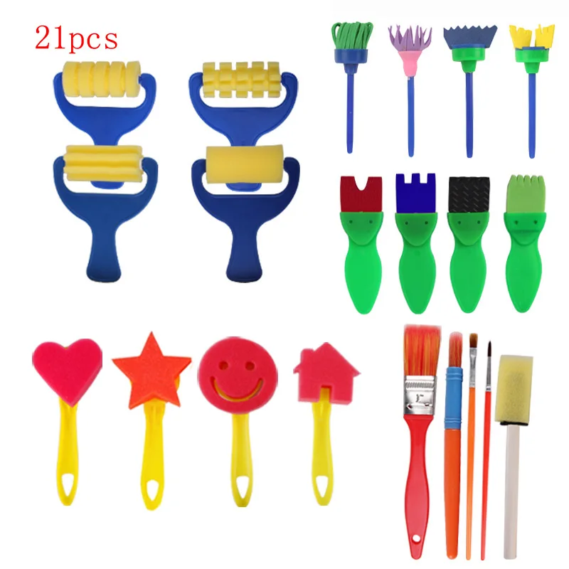 21pcs 29 шт./компл. детские игрушки для рисования набор развивающая игрушка для детей DIY цветок поворачивать, вращать губку Печать Искусство граффити живопись набор игрушек - Цвет: 21pcs