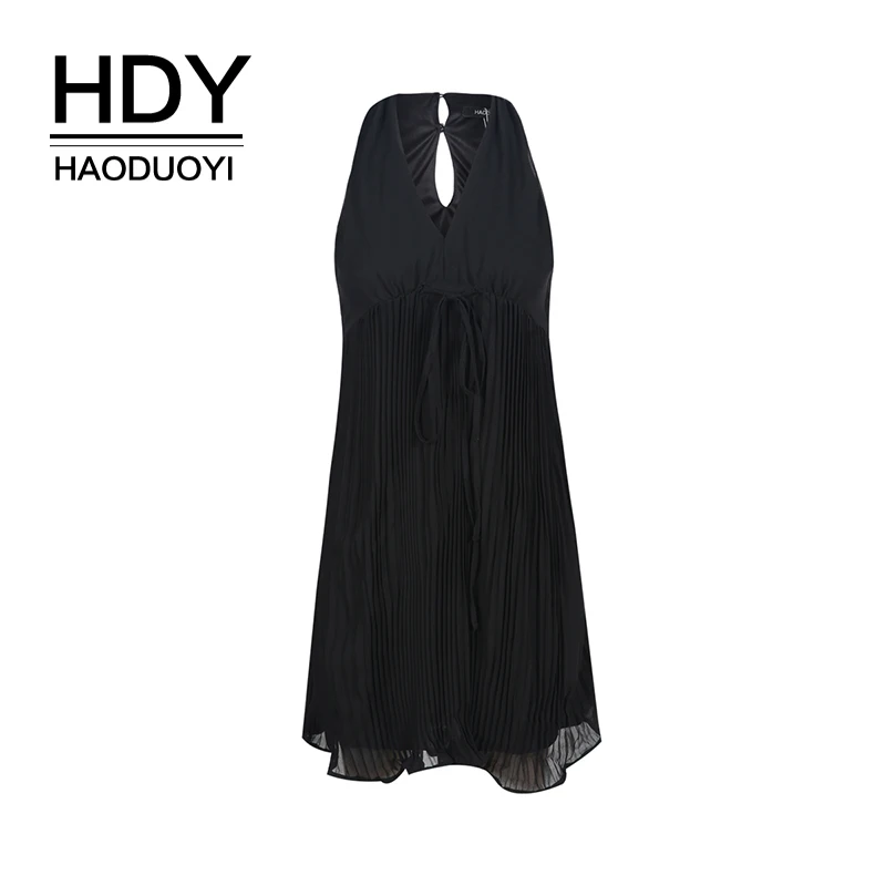 Платье HDY Haoduoyi разноцветное/Черное с вырезом женское шифоновое на шнурках ремнем