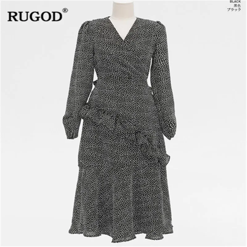 

RUGOD 2019 spring dot printed women dress Casual ruffles V neck long sleeve dress female Elegant lace up dress vestido