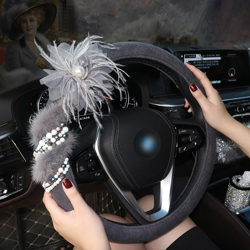 Luxury Lace Flower Car Steering Wheel Covers Plush Covered Winter Feather Steering-Wheel Car Interior Accessories Girls Women Luxury Lace Flower Car Steering Wheel Covers Plush Covered Winter Feather Steering-Wheel Car Interior Accessories Girls Women