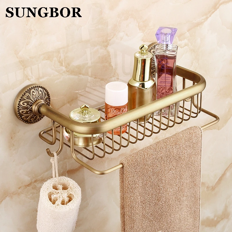 European Antique Brass Bathroom Shelf Shower Storage Rack Shampoo Bath Towel Tray Home Bathroom Shelves Single Tier Accessories