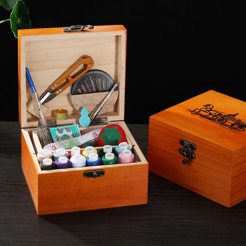 

Retro household solid wood sewing box sewing kit storage box hand sewing thread manual DIY sewing tools