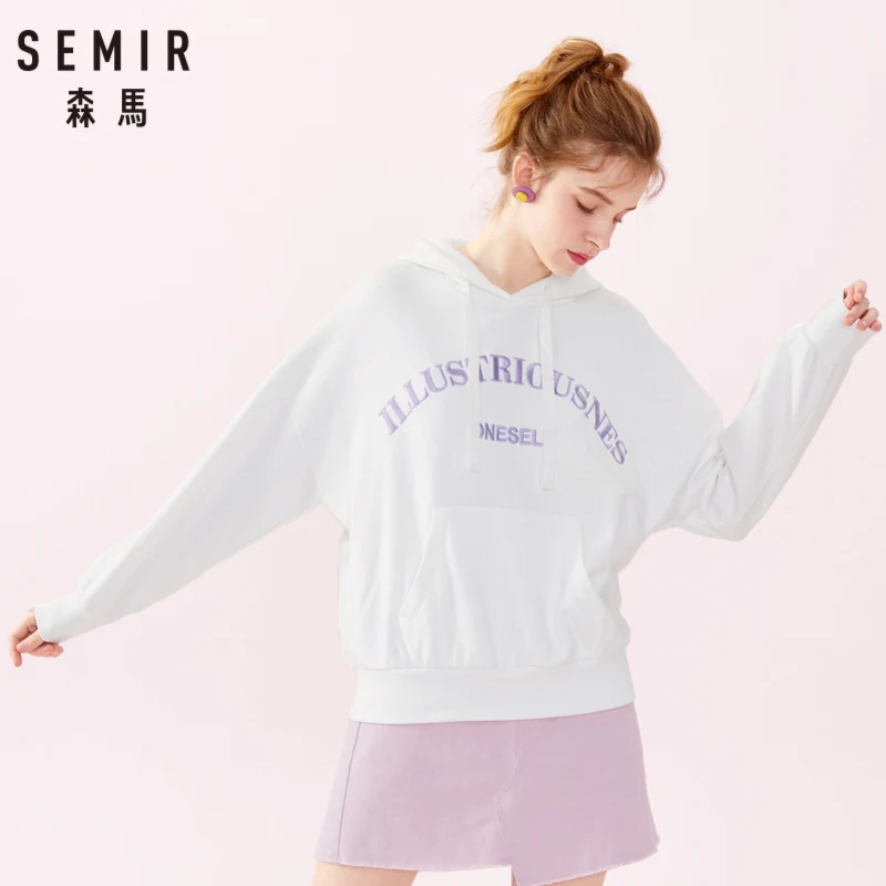 SEMIR Женская вышитая Толстовка с капюшоном опущенным плечом пуловер ребристыми