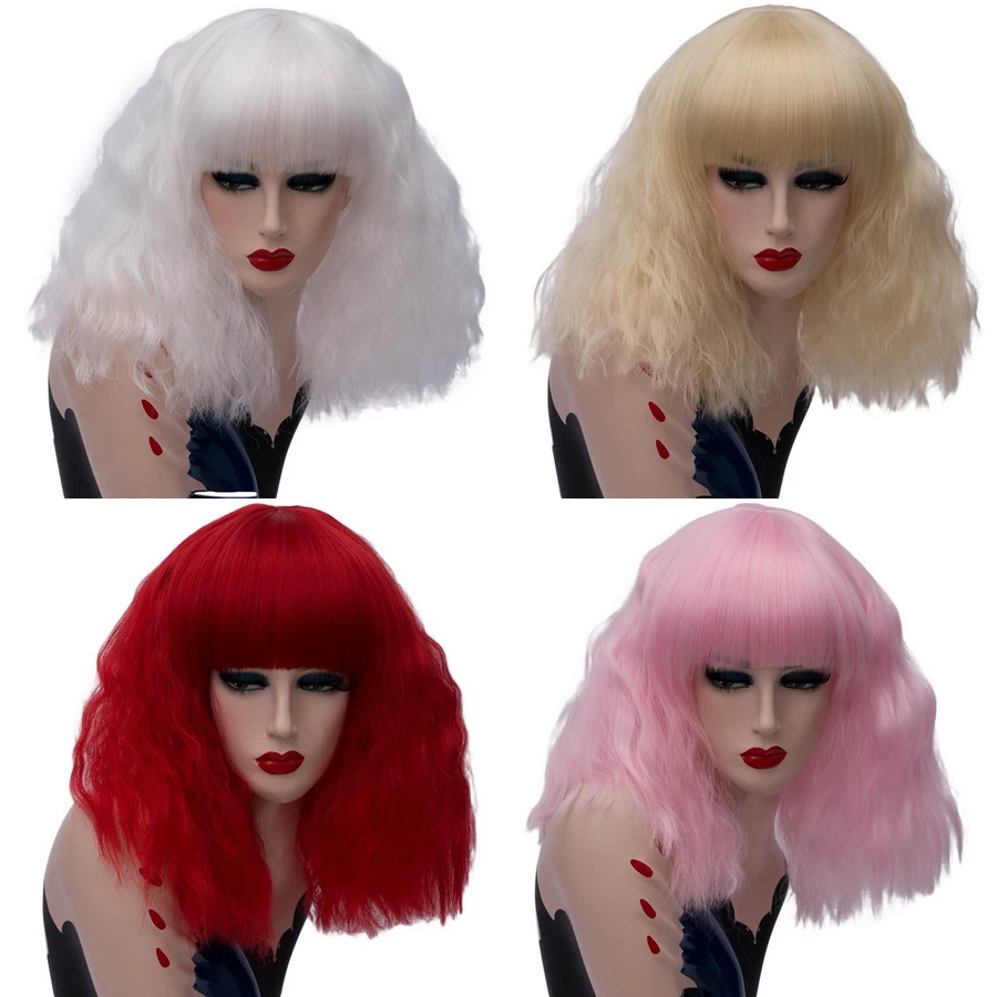

High Quality Wavy Short White Wig With Bangs Synthetic Hair Anime Cosplay Party Full Wigs For Women High Temperature Fiber