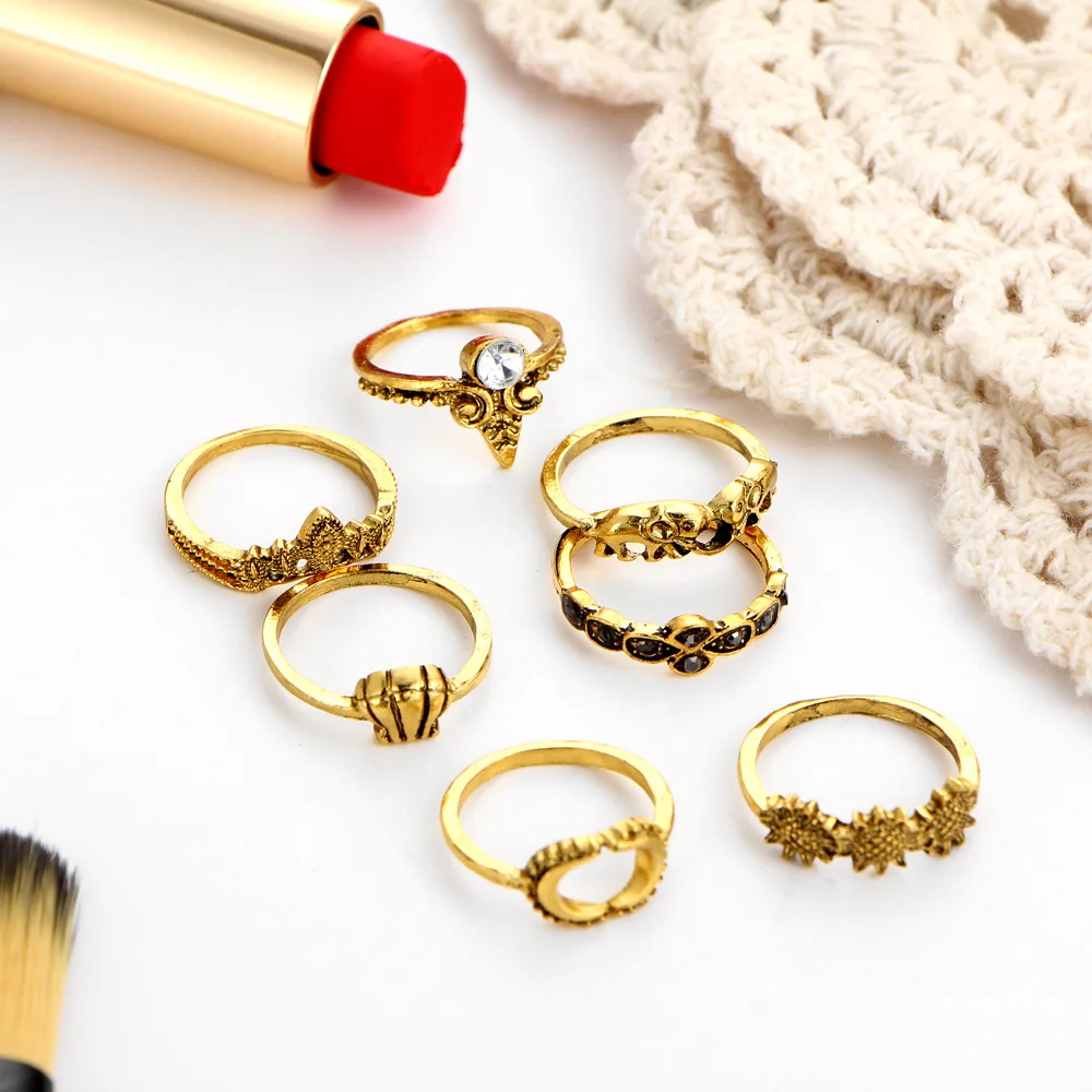 Elephant Rings Antique Gold Silver Color Crystal Midi Knuckle Finger Ring Set Women Hollow Flower Crown Moon Sun Jewelry 7 pcs | Украшения