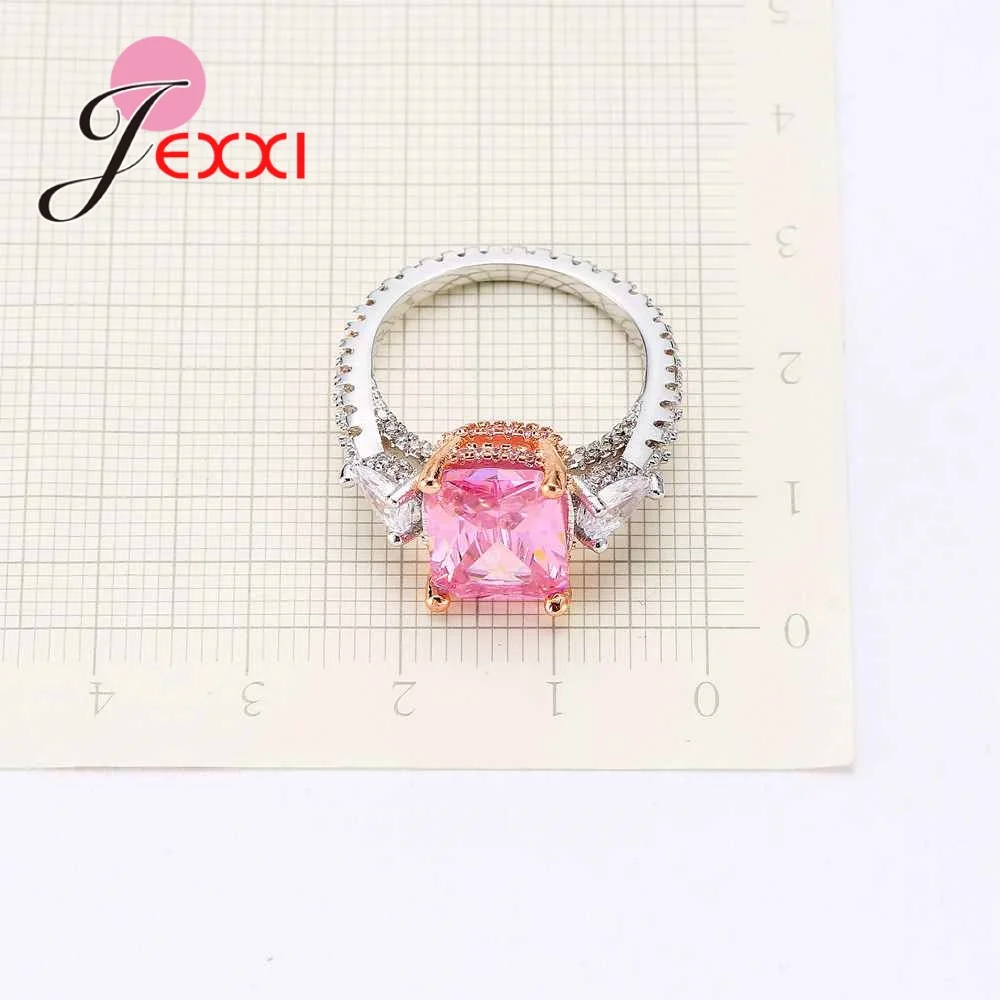

Fashion Silver Wedding Band Rings With Square Pink Crystal Cubic Zirconia Women Engagement Proposal Ring Accessory