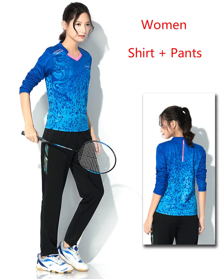 women blue set Костюм для бадминтона, рубашка для мужчин и женщин, спортивная одежда с длинным рукавом, штаны для тенниса, Джерси, набор для бадминтона, рубашка для настольного тенниса - Цвет: women blue set
