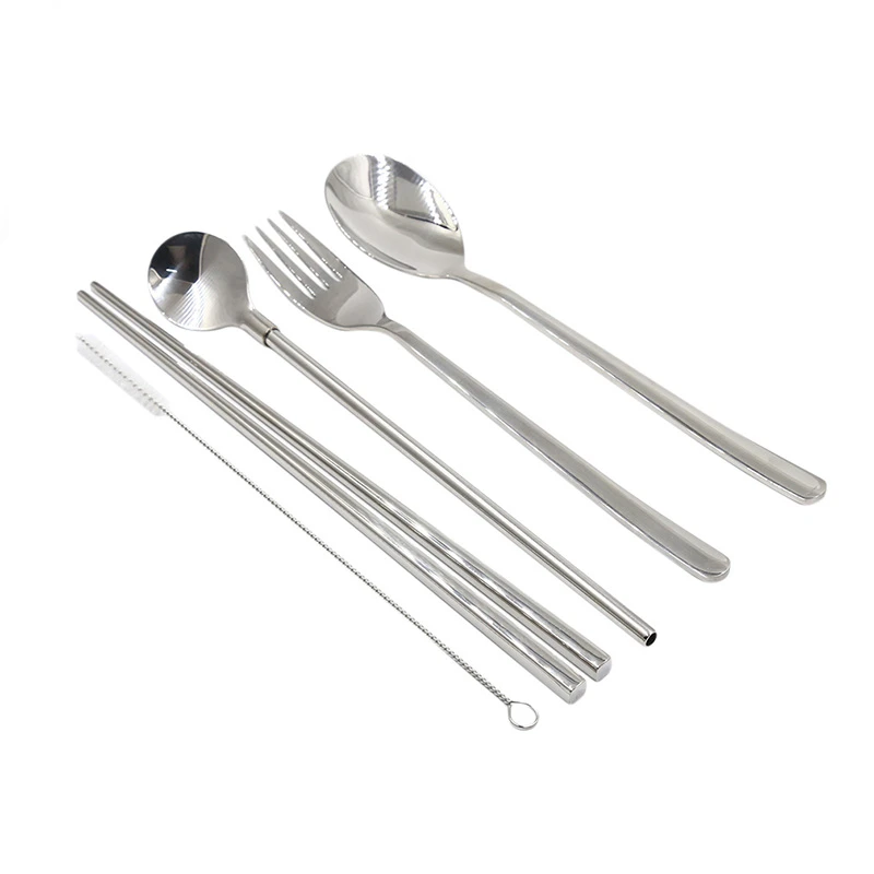 5pcs/set Cutlery Suit 304 Stainless Steel Portable Recyclable Spoon Chopsticks Straw For Restaurant Hotel Family Travel | Дом и сад