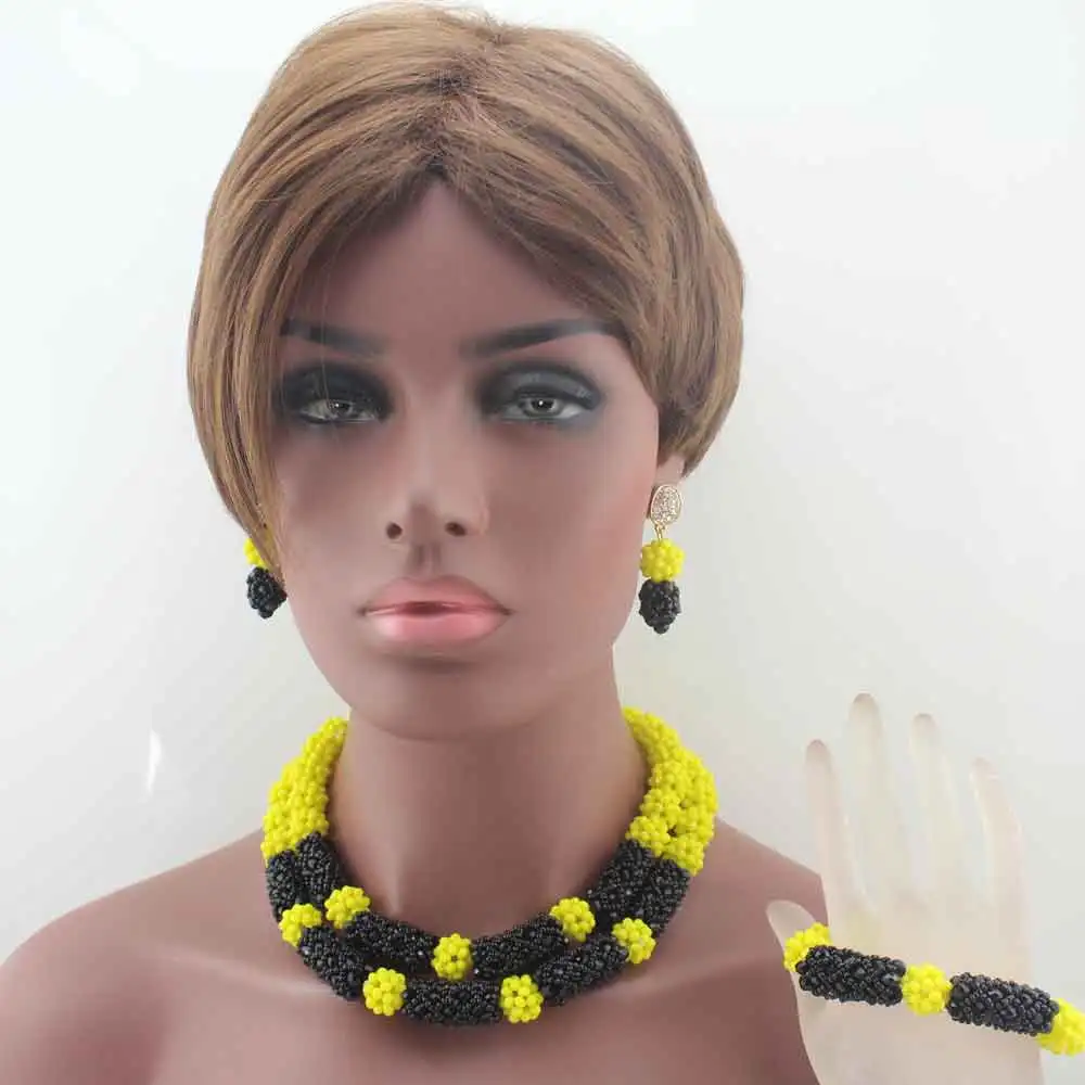 

Amazing Yellow and Black Women Costume African beads Jewelry Set Indian Nigerian Wedding bridal Statement Necklace Set W13610