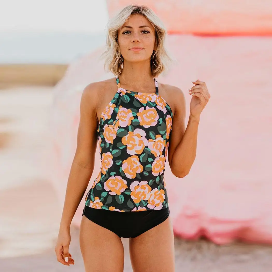 2 шт. женский модный цветочный принт с круглым вырезом в полоску высокой талией