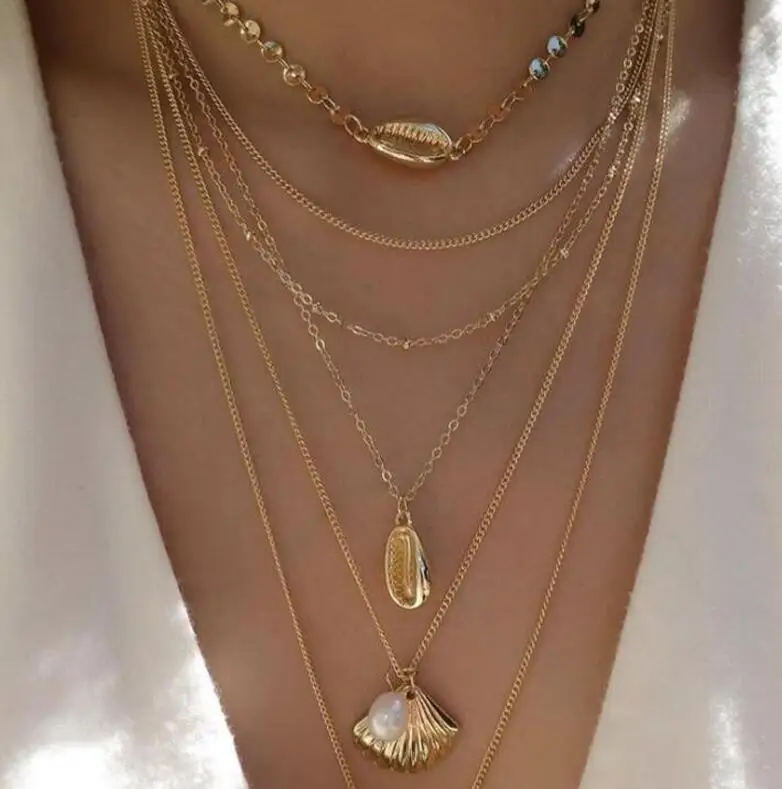 Tocona Bohemia Gold Color Pendant Necklace Women Hollow Virgin Mary Cross Shell Moon Star Eyes Chain Choker Jewelry Wholesale - Окраска металла: C19408