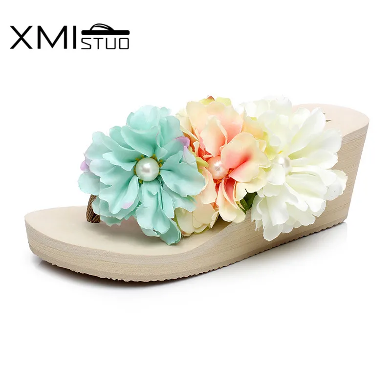 Шлепанцы XMISTUO XM12019 женские пляжные мягкие сланцы высокий каблук 7 см в богемном