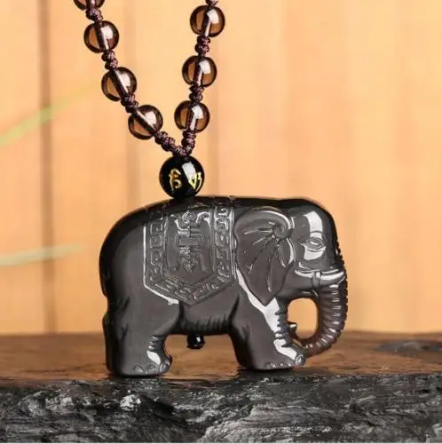 Koraba Fine Jewelry Natural Color Obsidian Hand Carved Lucky Elephant Pendant +Bead Necklace Free Shipping | Украшения и
