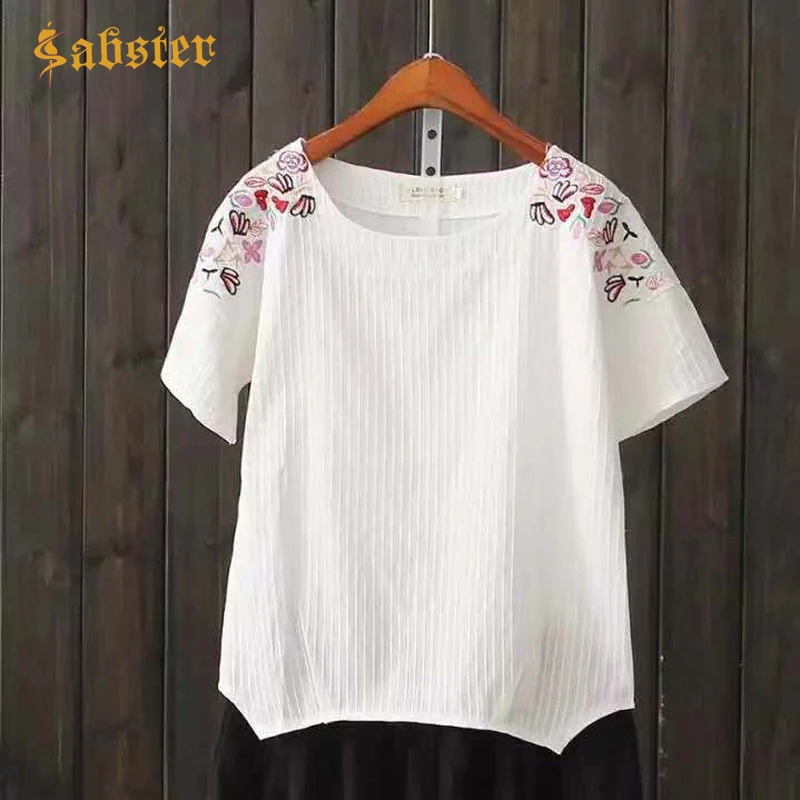 

2019 Women's Summer Cotton Linen Tops Loose Casual T shirt Embroidery Short-Sleeved Women Clothing XZ463