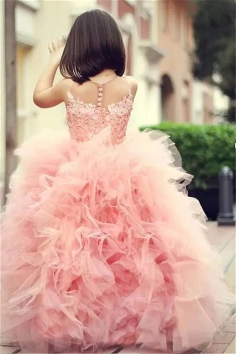 

Adorable Sweet Girl Pageant DressPink Lace Appliques Ruffled Zipper Up Peach Organza Tulle Ball Gown Wedding Dress Sheer Neck