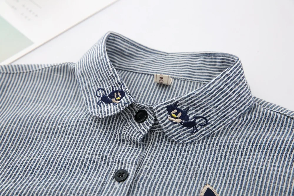 Фото Spring New Collection Cotton Blouse Long Sleeve Striped Shirt With Cat Embroidered Женская одежда Spring New Collection Cotton Blouse Long Sleeve Striped Shirt With Cat Embroidered Женская одежда