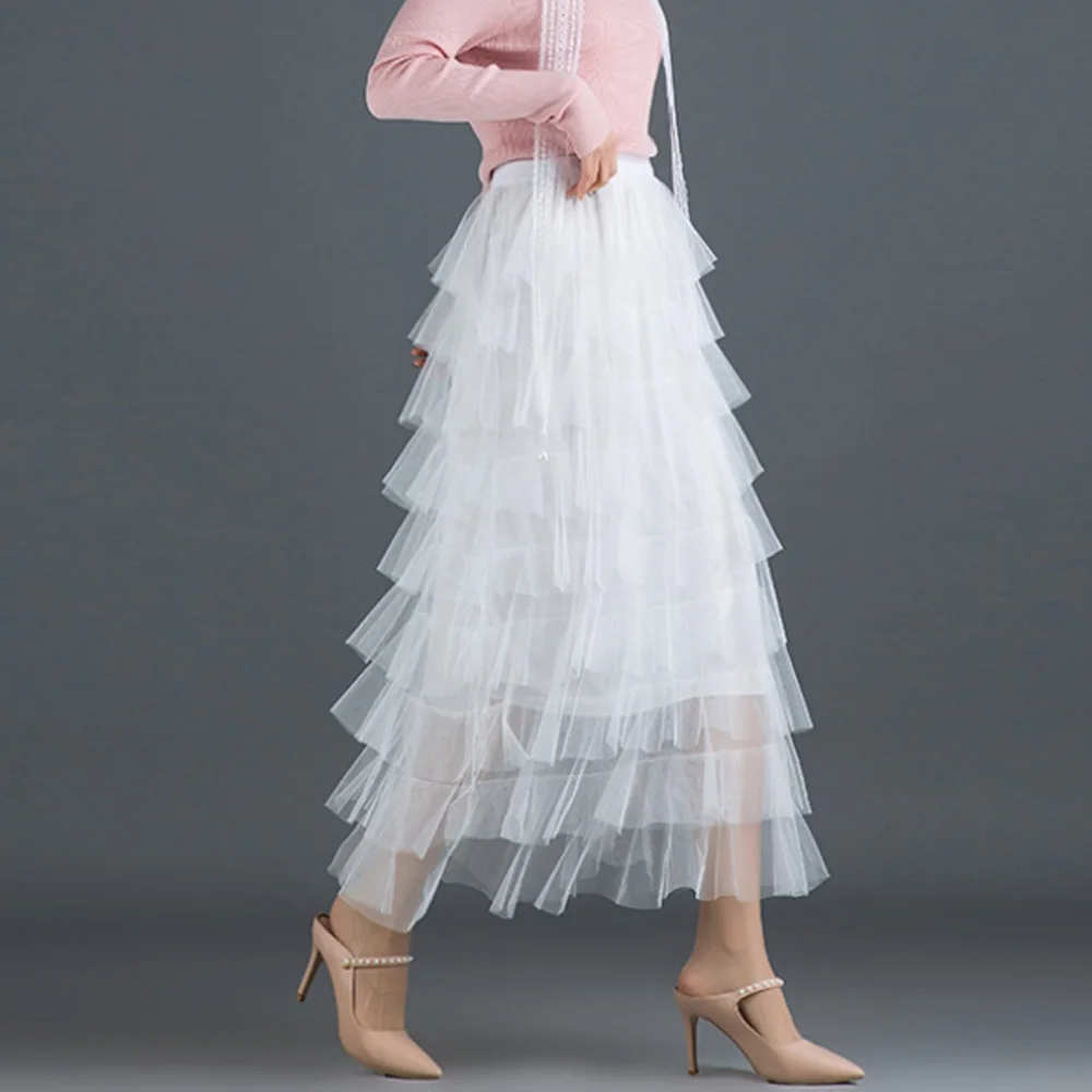 Длинная фатиновая юбка с оборками для женщин лето 2019 белая многослойная торт