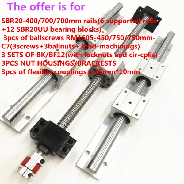 SBR20-400700700mmset 3 SBR16 Линейный Направляющая+ 3 ШВП RM1605+ 3BK/BF12+ гайка Корпус+ муфты для ЧПУ маршрутизатор/Фрезерные станки - Цвет: SBR20-400700700mmset