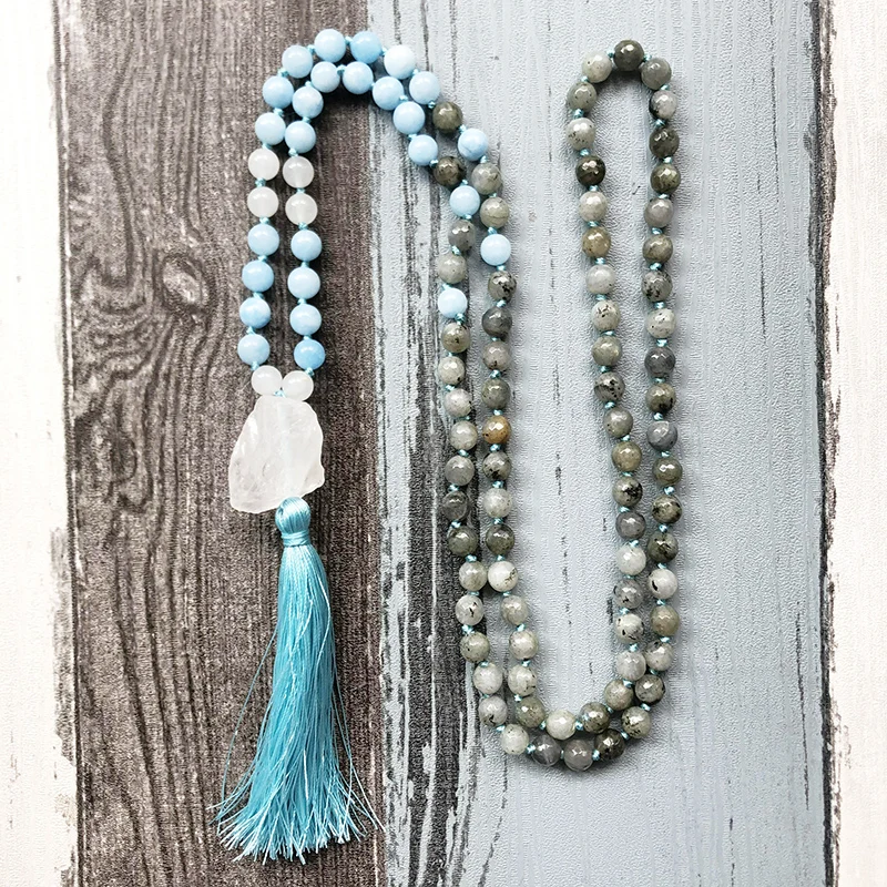 108 Mala Beads ювелирное изделие с узлом ожерелье необработанным кварцем Лабрадорит