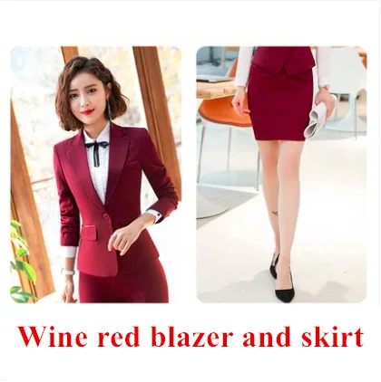 Wine coat and skirt Новая мода элегантный женские брючные костюмы комплект из двух предметов бизнес с длинным рукавом Тонкий Блейзер и брюки женские офисные Рабочая одежда - Цвет: Wine coat and skirt