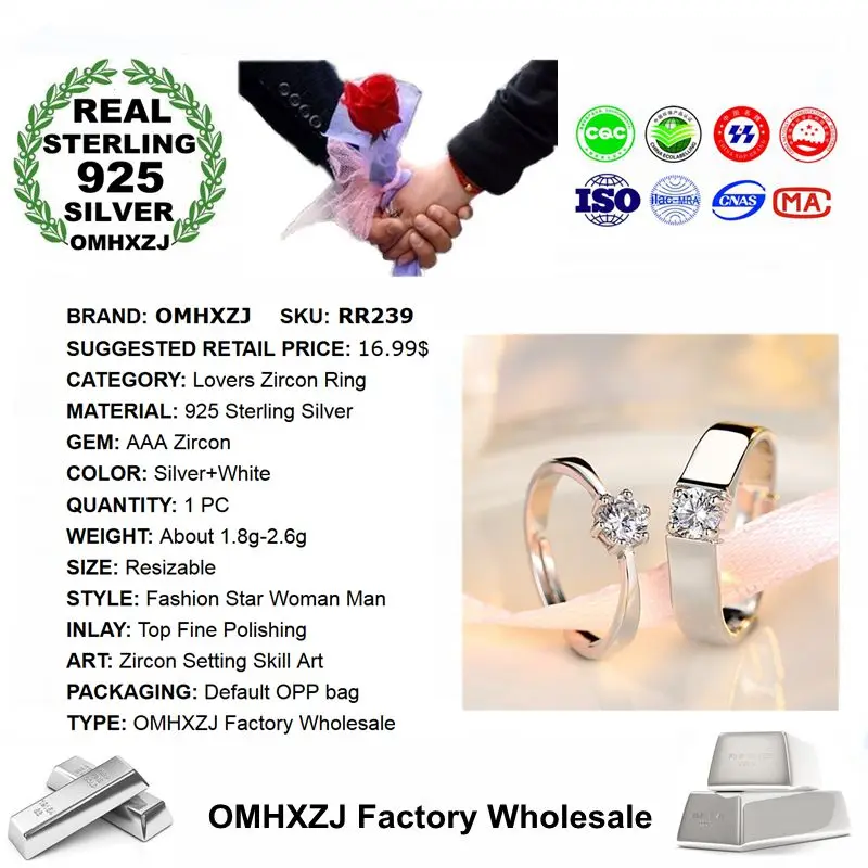 OMHXZJ Wholesale European Fashion Woman Man Party Wedding Gift Simple White Lovers AAA Zircon 925 Sterling Silver Ring Set RR239 | Украшения