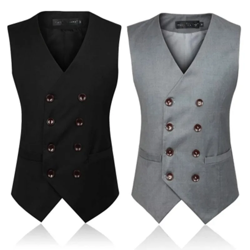 Mens Double Breasted Vest Slim Fit Men Dress Suit Formal Black Grey Gilet Business Wedding | Мужская одежда