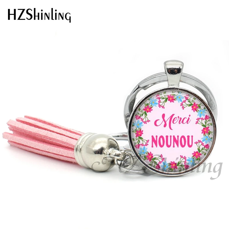 TAK--114 Wholesale Un lisou Pour Ma Nounou Tassel Keyring Handmade Super NOUNOU key ring Glass Dome Key chains for women | Украшения и