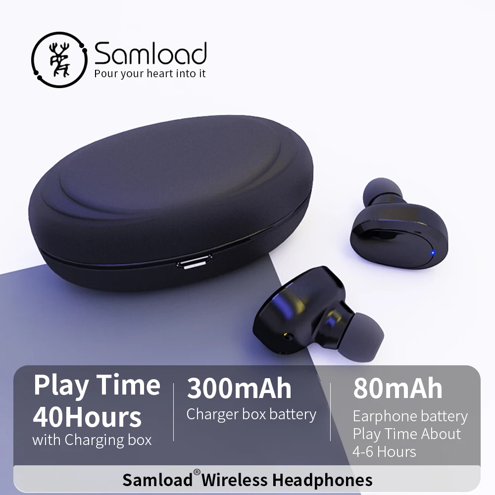 Samload беспроводные Bluetooth наушники стерео бинауральные спортивные наушники-вкладыши Встроенный микрофон с заряжаемой мини-коробкой
