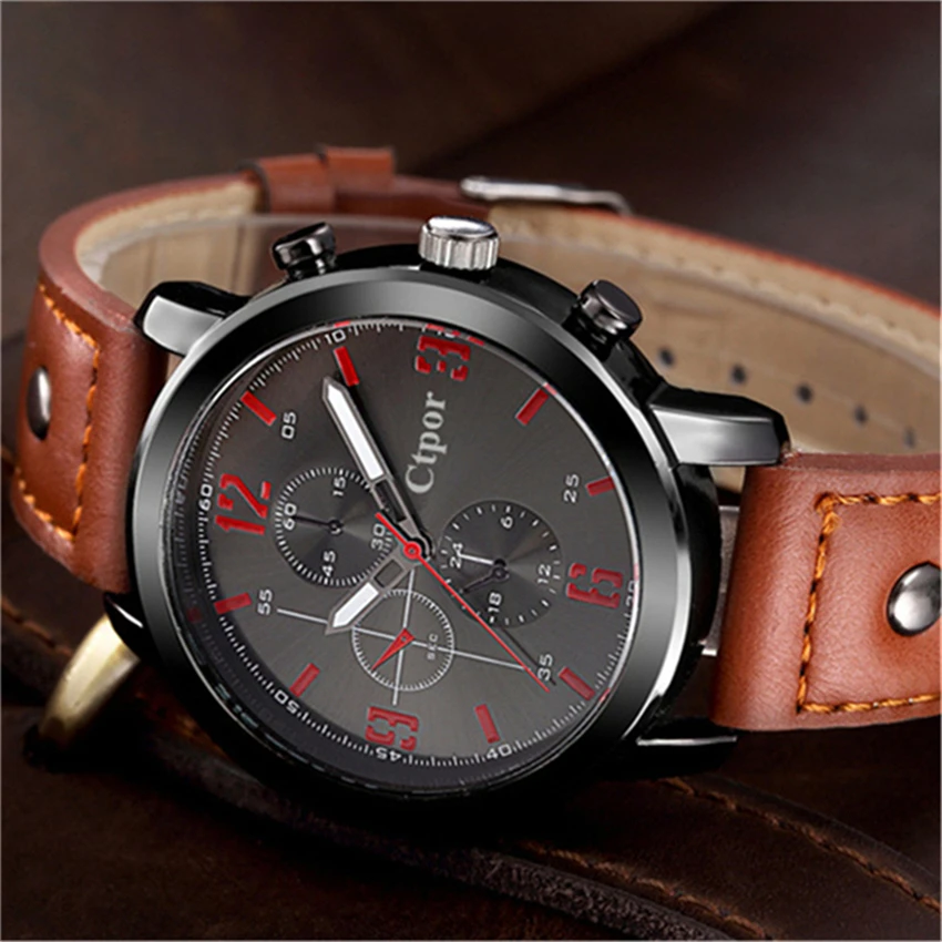 Сильные военные мужские часы спортивный стиль бренд CTPOR мужской кожаный черный