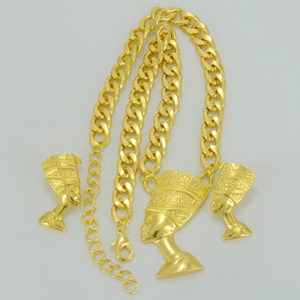 Anniyo Two Gold Color Egyptian Queen Nefertiti Pendant Thick Chain Earrings Sets Jewelry Africa Egypt #050406 | Украшения и