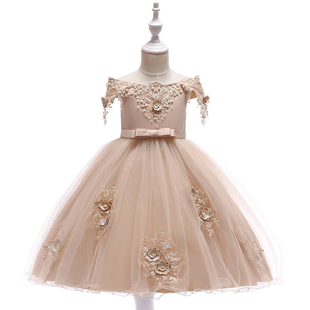 

2019 New Children's Wedding Dress Girl Beaded Flower Word Shoulder Dress Bow Flower Girl Puff Princess Dress