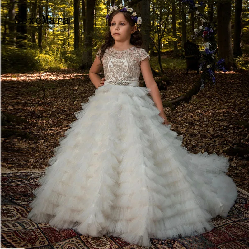 

Champagne Lace Tiered Tulle Puffy Flower Girl Dress for Wedding Ball Gown Girls Pageant Dress Birthday Gown First Communion Gown