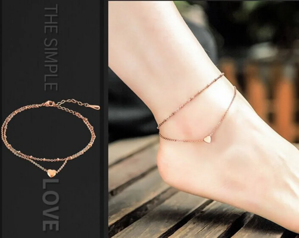 Beach Sexy Gold Tone Love Heart Ankle Bracelet Double Layer Chain Foot Anklets For Women Beautiful Jewelry | Украшения и