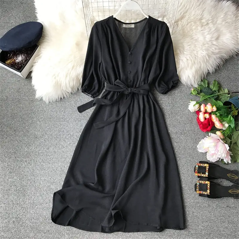 

Women 2019 Summer V Neck Short Sleeve Single Breasted Dresses With Sashes Women Casual Solid Chiffon Holiday Vestidos