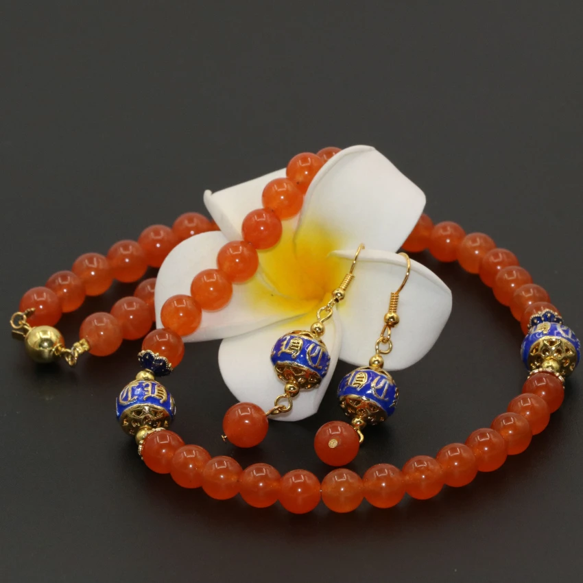 Оригинальный Fine Jewelry комплект 8 мм Orange круглые бусины нефрит камнем халцедон