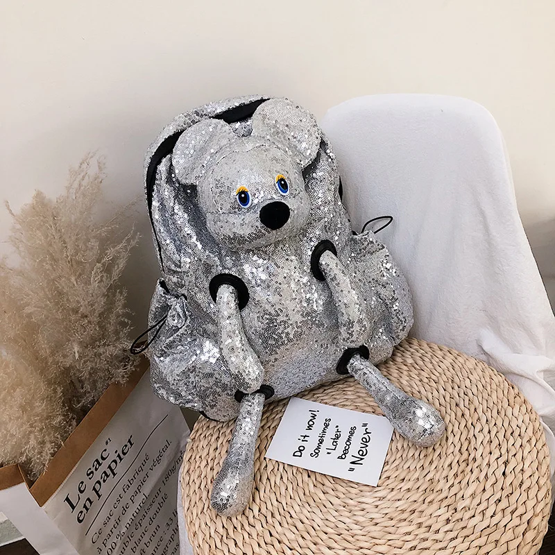 Модная рюкзак для мальчиков и девочек с двумя плечами, украшенный пайетками и изображениями мультяшных животных - медведя и единорога, оригинальный дизайн.