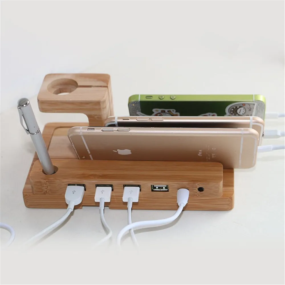 Зарядная док станция для Apple Watch/iPhone/iPad/iWatch 4 USB порт деревянный кронштейн