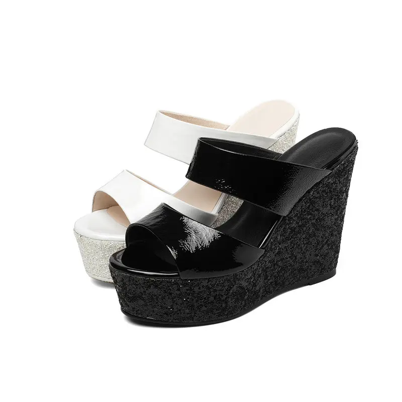 Women Cow Leather Slippers Black White Glitter Heel Wedges High Heels Flip Flops Summer Genuine Sandals Sandalias Mujer | Обувь