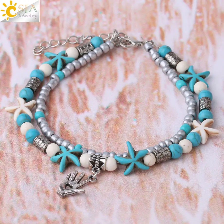 CSJA Trendy Anklets for Girlfriend Double Beaded Starfish Shell Heart Hand Charms Anklet Summer Foot Chain Jewelry Cheville F892 | Украшения
