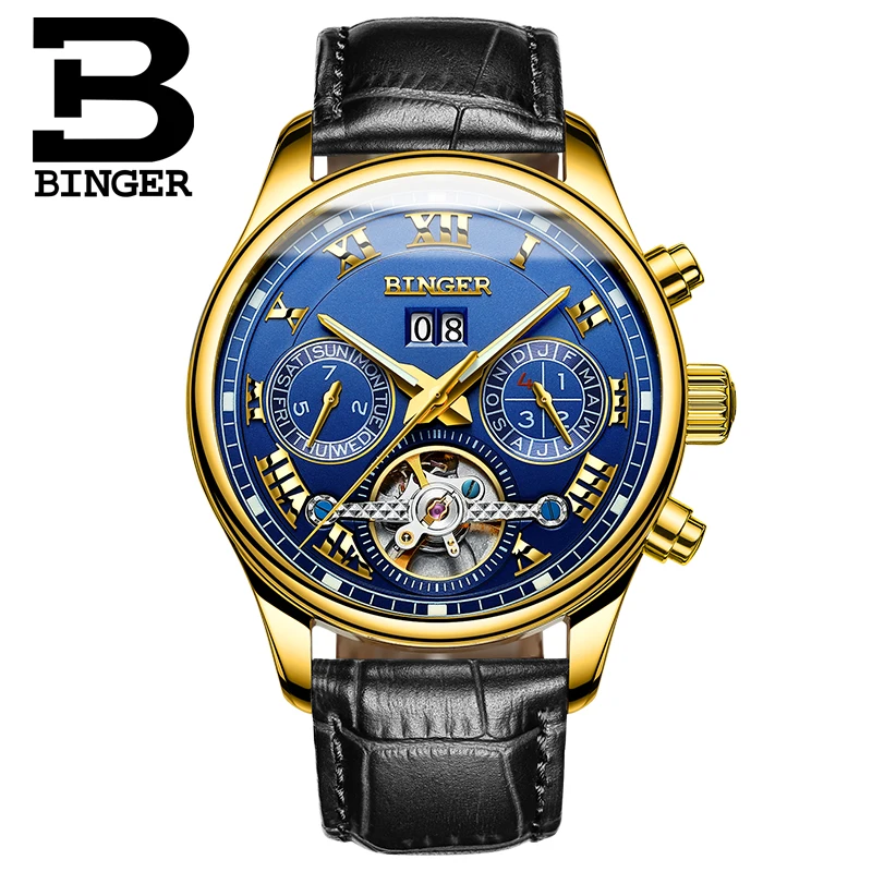 Роскошные золотые синие мужские часы Tourbillon с автоподзаводом механические