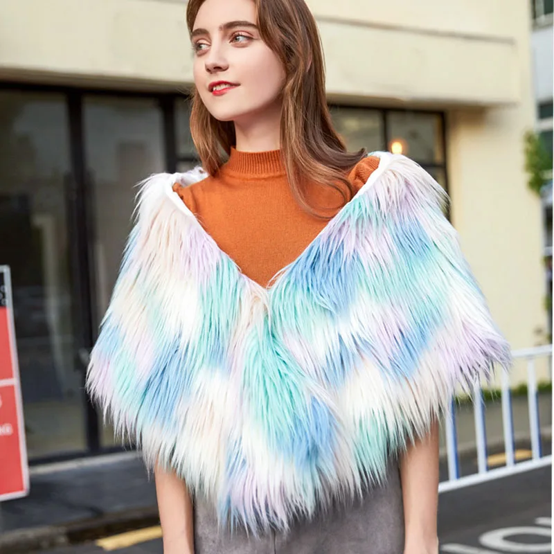 

women Fur shawl faux fur cream color padded cape fur vest