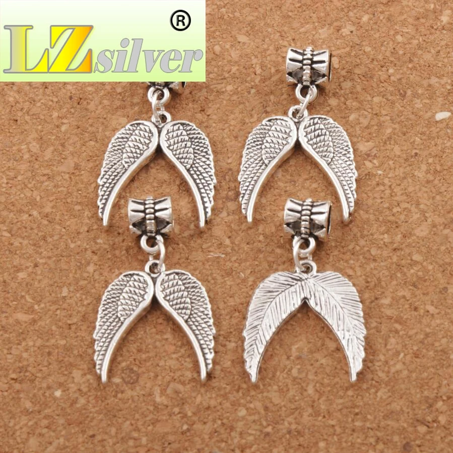 

Double Angel Wing Charm Beads 33.8x19.1mm 12PCS Zinc Alloy Fit European Bracelets Jewelry DIY B220