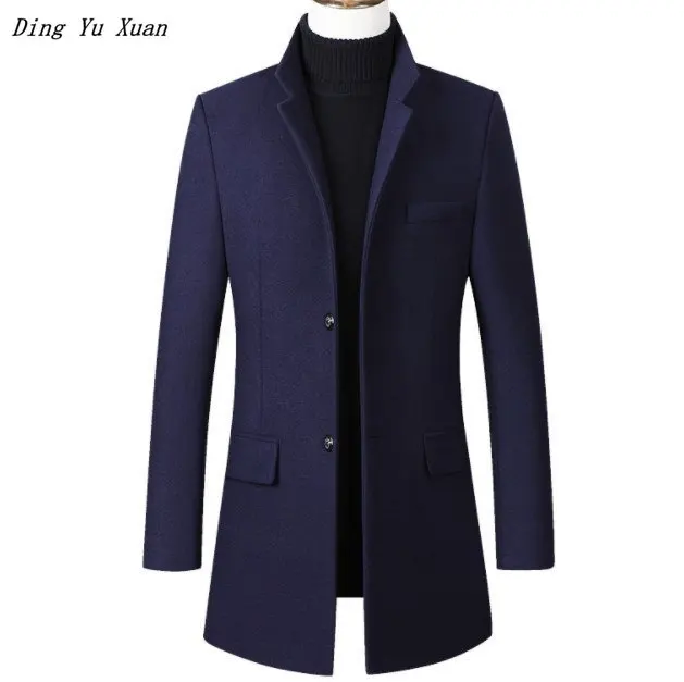 Men Casual Long Wool Trench Coat Slim Fit Padded Jacket Mens Winter Warm Quilted Parka Homme Black Navy Blue Grey Burgundy 4XL