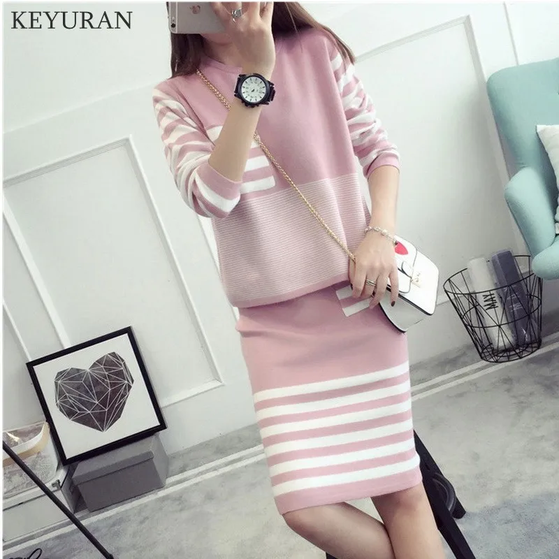 Plus Size XL-4XL New Women Striped Knitwear Suits O-neck Long Sleeve Knitted Crop Tops + Tight Hip Bodycon Skirt Knitting Sets | Женская